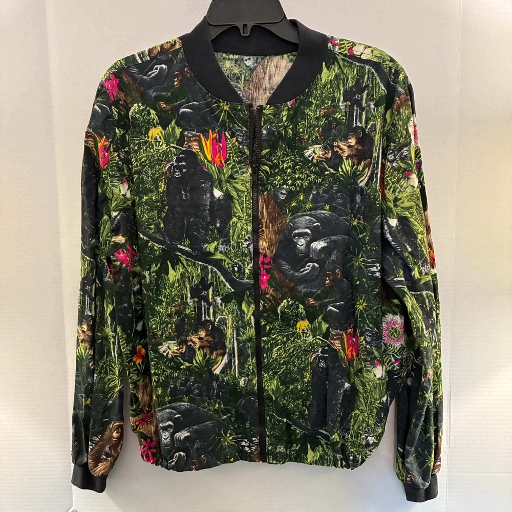 Handmade Bomber Jacket Womens L Gorilla Chimp Jungle Animal Print Zip Up